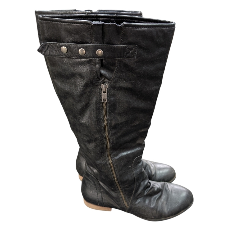 Black Faux Leather Tall Slouchy Slip On Moto Boots Size 10